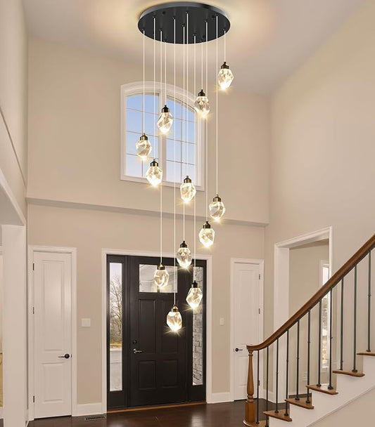 Crystal LED High Ceiling Chandelier: Long Remote Dimmable 12 Pendant Light Fixtures - Spiral Drop Flush Mount Sloped Ceilings Modern Chandeliers For Entryway Living Room Foyer Staircase Entrance