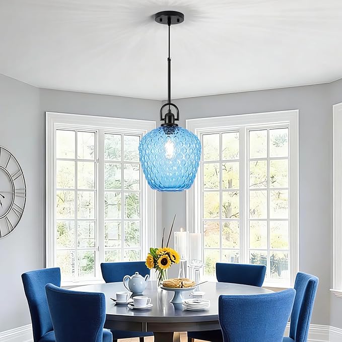 Large Glass Pendant Lights Kitchen Island, 10" 1-Light Black Pendant Light Fixtures with Blue Hammered Glass, Modern Hanging Light for Kitchen Island Dining Room Entryway Foyer