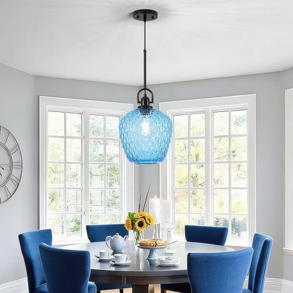 Large Glass Pendant Lights Kitchen Island, 10" 1-Light Black Pendant Light Fixtures with Blue Hammered Glass, Modern Hanging Light for Kitchen Island Dining Room Entryway Foyer