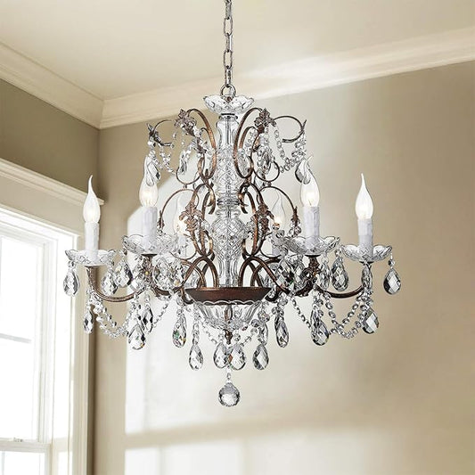 Saint Mossi 6-Light Crystal Chandelier - Farmhouse Rustic Pendant Light Fixture for Bedroom, Dining Room, Living Room - H23 x W24, Chain Adjustable