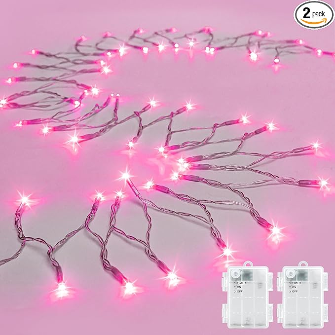cshare String Lights Outdoor Waterproof 9.8ft 30 LED, Pink Fairy Lights Battery Operated with Timer Clear Wire for Indoor & Outdoor Christmas Valentine's Day Decorations Garland Party2 Packs
