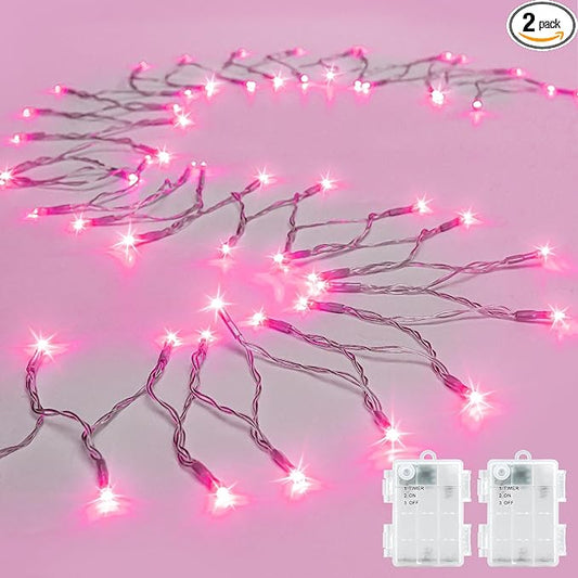 cshare String Lights Outdoor Waterproof 9.8ft 30 LED, Pink Fairy Lights Battery Operated with Timer Clear Wire for Indoor & Outdoor Christmas Valentine's Day Decorations Garland Party2 Packs