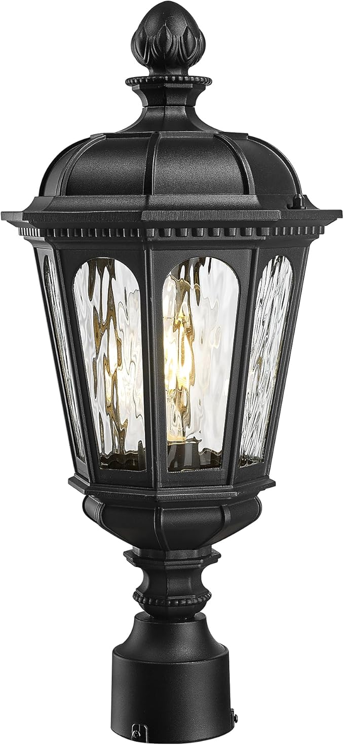 Emliviar 19.3 Inch Lamp Post Light Fixture, Matte Black Pillar Outdoor Lantern for Garden and Patio, E26 Base, Water Ripple Glass, XE304P-M BK-SW