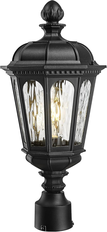 Emliviar 19.3 Inch Lamp Post Light Fixture, Matte Black Pillar Outdoor Lantern for Garden and Patio, E26 Base, Water Ripple Glass, XE304P-M BK-SW
