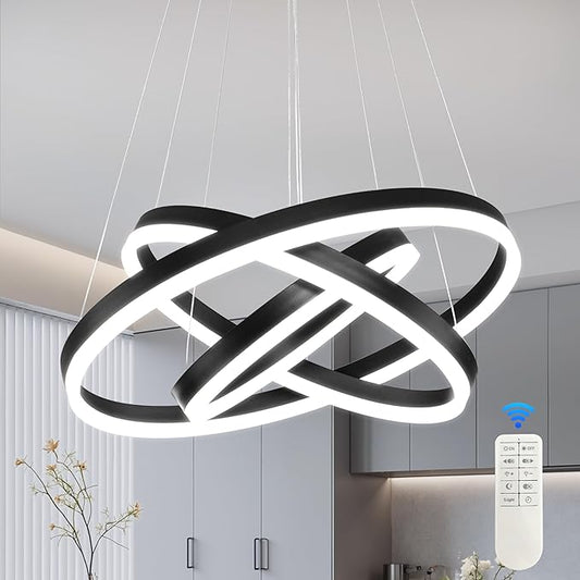 Modern Led Chandelier 3 Rings Black Pendant Lights Dimmable Chandeliers Color Temperature Height Adjustable Black Chandelier Led Pendant Light for Living Room Dining Room Bedroom Entryway