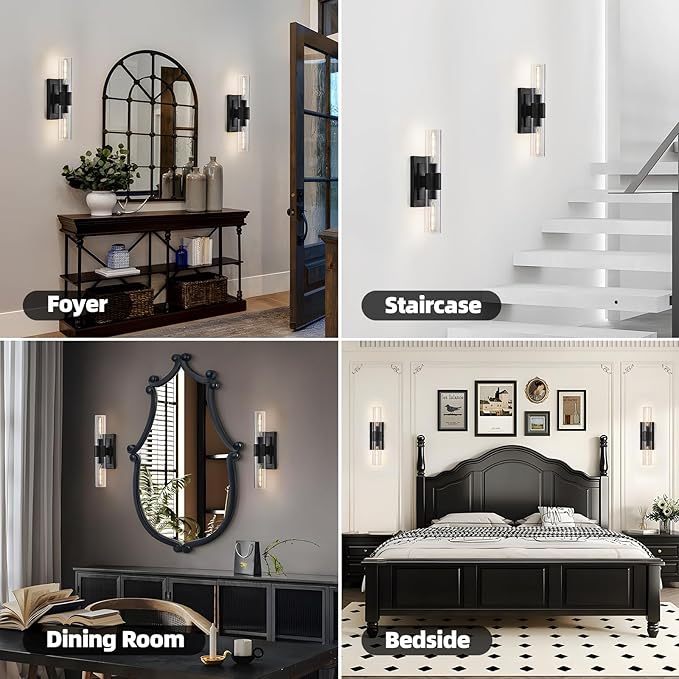 Black Wall Sconces Set of Two,Modern Bathroom Light Fixtures,2-Light Sconces Wall Lighting with Thickened Tempered Clear Glass,19 in Indoor Hardwired Wall Lights for Bedroom,Mirror, E26 Base