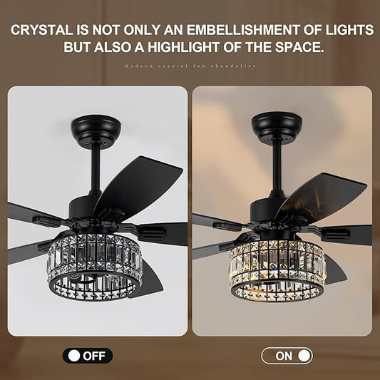 Chandelier Ceiling Fans with Lights and Remote,Caged Ceiling Fan with Light,App 5 Blades E26 Fandelier Ceiling Fans with Lights,Crystal Ceiling Fan for Bedroom,Living Room. (Black, 42 Inch)