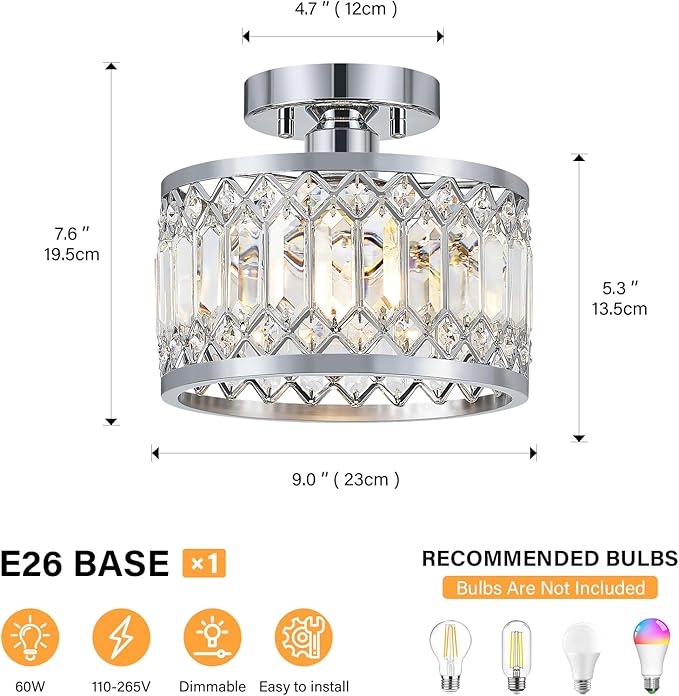 YURNYQ Crystal Ceiling Light Fixture, Modern Semi Flush Mount Ceiling Light, Chrome Lighting Fixtures Ceiling Lamp for Hallway, Kitchen, Entryway, Bedroom, Laundry Room, 9.05 Inch