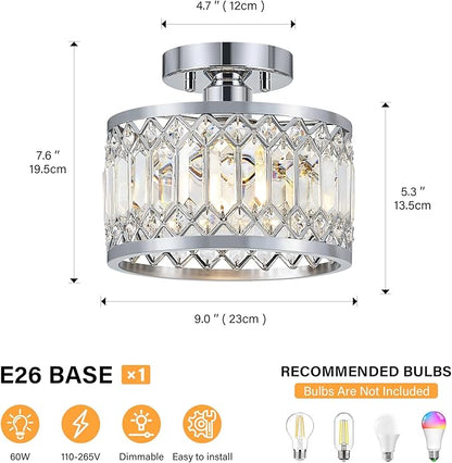 YURNYQ Crystal Ceiling Light Fixture, Modern Semi Flush Mount Ceiling Light, Chrome Lighting Fixtures Ceiling Lamp for Hallway, Kitchen, Entryway, Bedroom, Laundry Room, 9.05 Inch