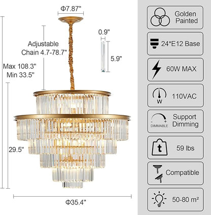 35" 24-Light Modern Crystal Chandelier Light Fixture Large 6-Tier Gold Luxury Chandeliers for Dining Room Round Hanging Pendant Lighting for Living Room Kitchen Entryway Bedroom Foyer Lobby