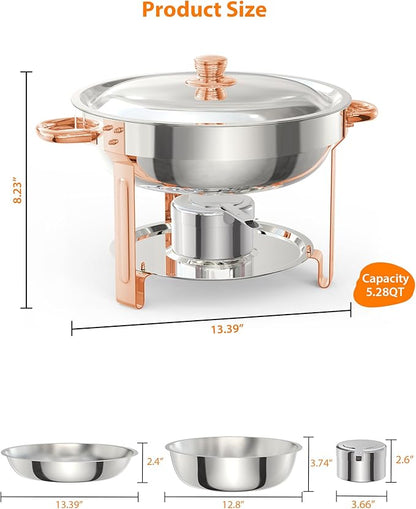 5QT 6 Packs Chafing Dish Buffet Set, NSF Round Stainless Steel Chafers and Warmers Food Servers Sets with Lid & Lid Holder, Spoon & Tweezer for Catering Events Parties Weddings Dinners, Rose Gold