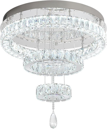 Flashing God Dia 20" Modern Crystal Chandelier for Dining Room Silver Ceiling Chandelier Flush Mount Ceiling Light for Living Room Bedroom Hallway LED Light Fixture Dimmable with Remote