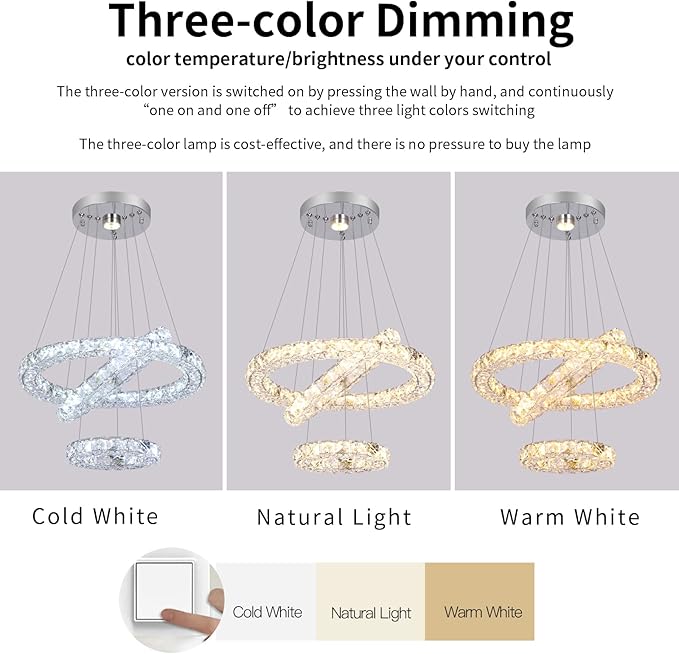 3 Rings Modern Crystal Flush Mount Chandelier - 3-Colors Changeable Crystal, 15.7''+11.8''+7.8'' LED Ceiling Light DIY Adjustable, Living Room, Hotel, Office