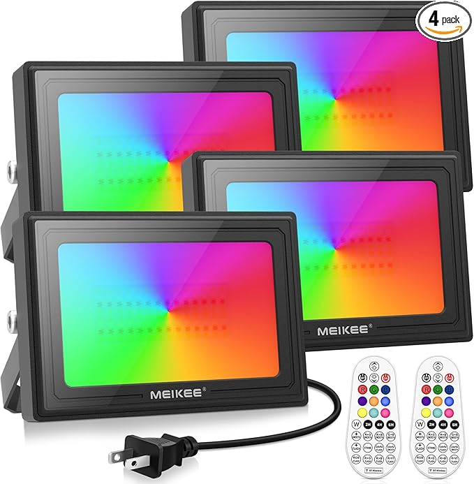 MEIKEE 35W RGBW LED Flood Lights, 3500LM RGB Color Changing Flood Security Lights, 350W Equivalent IP66 Waterproof Dimmable Wall Floodlights Christmas Halloween Decoration Outdoor Lighting (4 Pack)