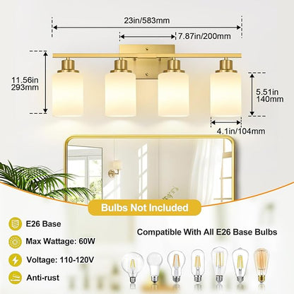 Indoi 4-Light Bathroom Light Fixtures, Brushed Gold Vanity Lights with Milk Glass Shades, Modern Bathroom Wall Lamp for Mirror Living Room Bedroom Porch