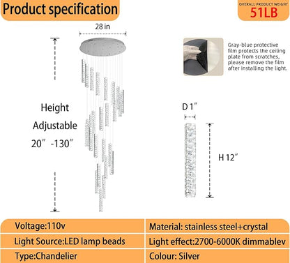 Large Staircase Chandelier 130inch Long Spiral Crystal Chandelier for High Ceiling Foyer Entrance 25-Lights Silver LED Dimmable 3000-6000K