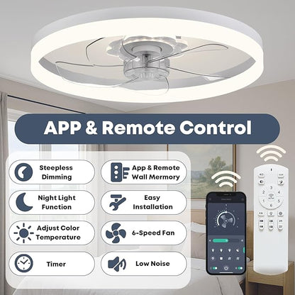 Fszdorj 20‘’ Ceiling Fan with Light, Upgraded Low Profile Fan, Flush Mount Ceiling Fan, 6 Speeds, Dimmable LED, App & Remote Control, Quiet DC Motor, for Bedroom, Living Room, F115 White