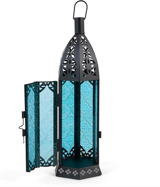 Zingz & Thingz Moroccan Style Candle Lantern Holder, Decorative Light Home Decor, Indoor & Outdoor, 13" Tall, Black with Blue Glass