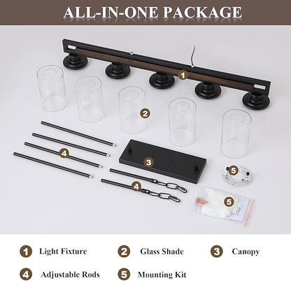 Farmhouse Dining Room Light Fixture, 5-Light Wood Kitchen Island Lighting for Dining Room Over Table, Black Adjustable Pendant Light with Seeded Glass Shades, Linear Chandeliers Lighting for Kitchen