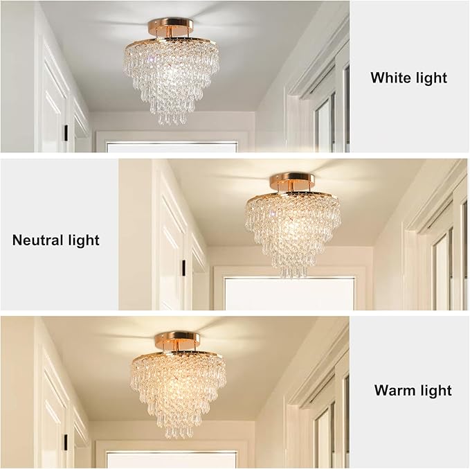 FRIXCHUR 11.8" Crystal Chandelier Gold Flush Mount Ceiling Light 5 Tiers Raindrops Crystals Pendant Lighting Fixture for Bedroom Hallway Living Room E26 Base