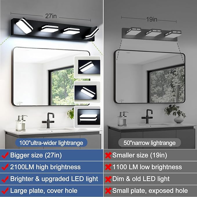 360° Rotate LED Dimmable Bathroom Vanity Light Fixtures, 1600LM Acrylic Matte Black Vanity Lights for Bathroom, Modern Wall Lighting Fixtures Over Mirror Kitchen Living (Natural White Light 5000K)
