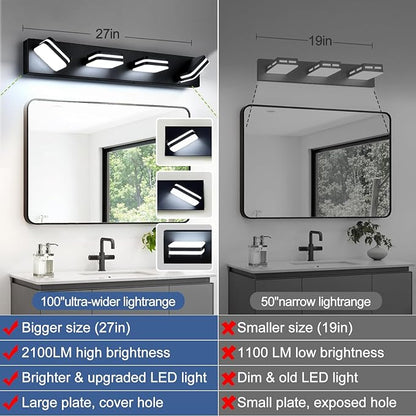 360° Rotate LED Bathroom Vanity Light Fixtures, 1600LM Acrylic Matte Black Vanity Lights for Bathroom, Modern Wall Lighting Fixtures Over Mirror Kitchen Living Room Hallway (Natural White Light 5000K)