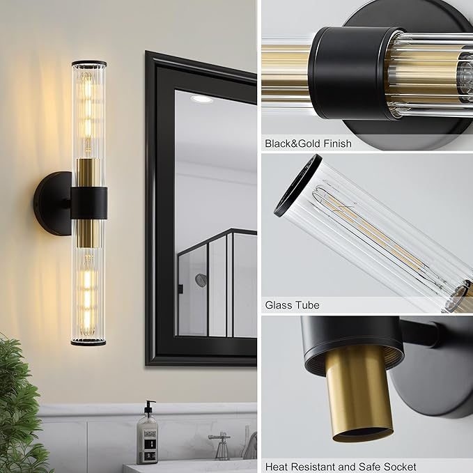 Bathroom Light Fixtures, Black Gold Wall Sconce in Threaded Glass Vanity Light, Modern Bathroom Wall Light for Bedroom, Living Room - Bulb Not Included