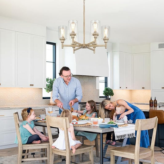 6 Light Farmhouse Chandeliers for Dining Room | Rustic Dining Room Light Fixtures Over Table | Fake Wood Hanging Lighting with Clear Glass Cover for Living Room | Kitchen Island | Entryway | Bathroom