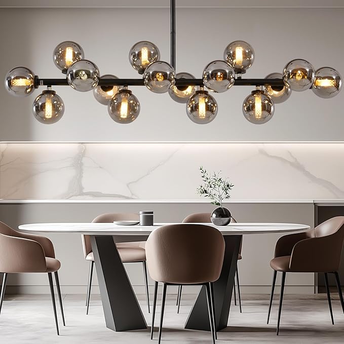 Grey Linear Chandelier, Modern Sputnik Ceiling Fixture with Adjustable Height & Dimmable Glass Shades for Dining Room, Office, Mid-Century Design