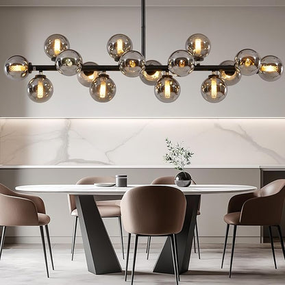 Grey Linear Chandelier, Modern Sputnik Ceiling Fixture with Adjustable Height & Dimmable Glass Shades for Dining Room, Office, Mid-Century Design