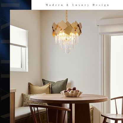 A AXILIXI Gold Crystal Chandeliers 16” Modern Ceiling Pendant Light Fixture for Dining Room Dimmable Small 3 Tiers Flush Mount Chandeliers Round for Foyer Kitchen Island Entryway Hallway