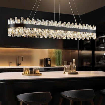 Modern Black Crystal Chandelier for Dining Room, Rectangle K9 Crystal Raindrop Chandelier Lights, Contemporary Ceiling Hanging Light Fixtures for Kitchen Island Dining Room, Length 57 inches
