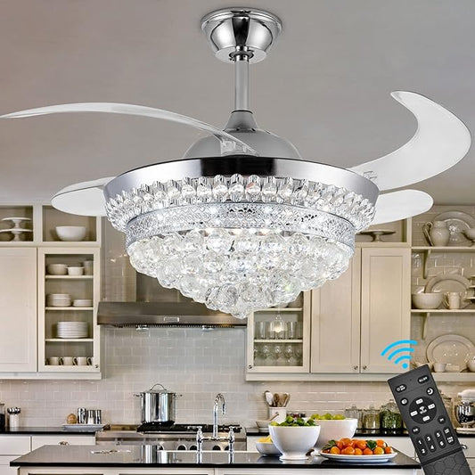 42" Invisible Ceiling Fan Chandelier with Light,Modern Crystal Ceiling Fan Light Remote Control 4 Retractable ABS Blades for Bedroom Living Dining Room Decoration (Silver)