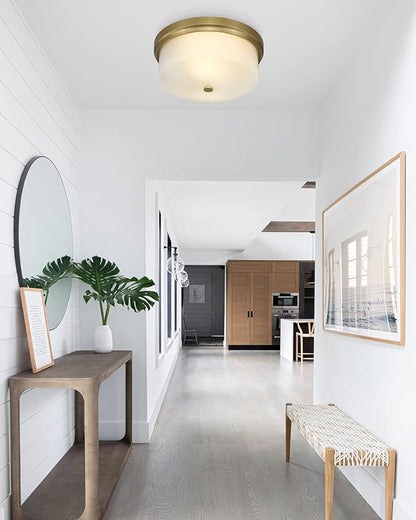Close to Ceiling Light, 12inch Flush Mount Ceiling Light Fixture, Metal Gold Finish with Handmade White Marble Art Glass Shade for Bedroom Living Room Hallway Kitchen Laundry