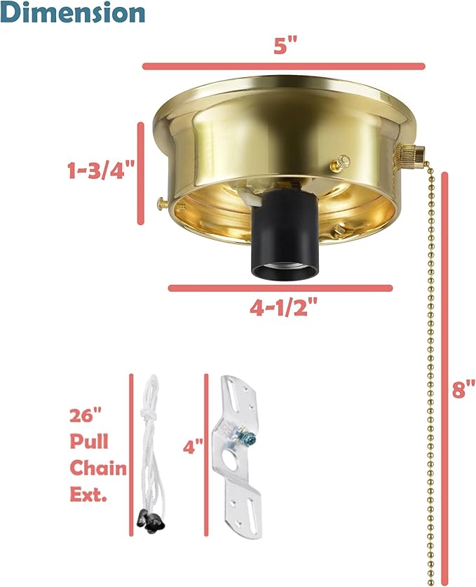 Aspen Creative 22104-06-1, Flush Mount Ceiling Fixture Shade Holder Kit with On/Off Pull Chain Switch in Brushed Brass Finish 4-1/2" Fitter, 5" Diameter x 1-3/4" Height