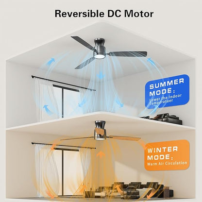 Ceiling Fans with Lights,52 Inch,Quiet Reversible Motor,Easy to Install,6 Speeds,Dimmable,Timer,Black Low Profile Ceiling Fan for Bedroom Living Room,Kitchen,Indoor/Outdoor