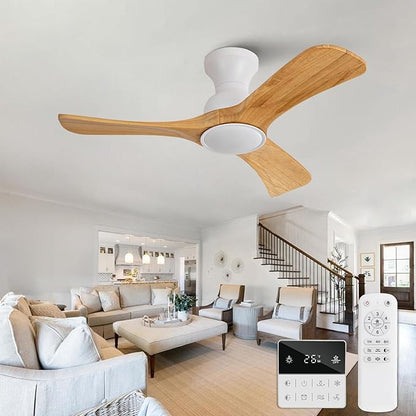 Flush Mount Ceiling Fans with Lights,36 inch,Remote Control,Wall Switch,Solid Wood Blades,Dimmable,Reversible Noiseless,Modern Ceiling Fan Indoor/Outdoor for Bedroom Patios White Natural Wood