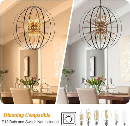 43.3" Black Gold Large Globe Sputnik Chandelier, 18-Light Mid Century Modern Starburst Golden Solid Metal Satellite Light Fixture for High Ceiling Living Room Dining Room Stairway, E12