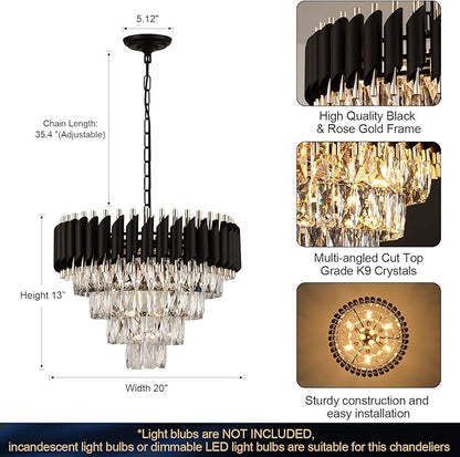 AXILIXI Modern Crystal Chandelier - 20" Crystal Ceiling Pendant Light 4 Tier Raindrop Flush Mount Chandelier in Black and Gold for Entryway, Foyer, Dining Room