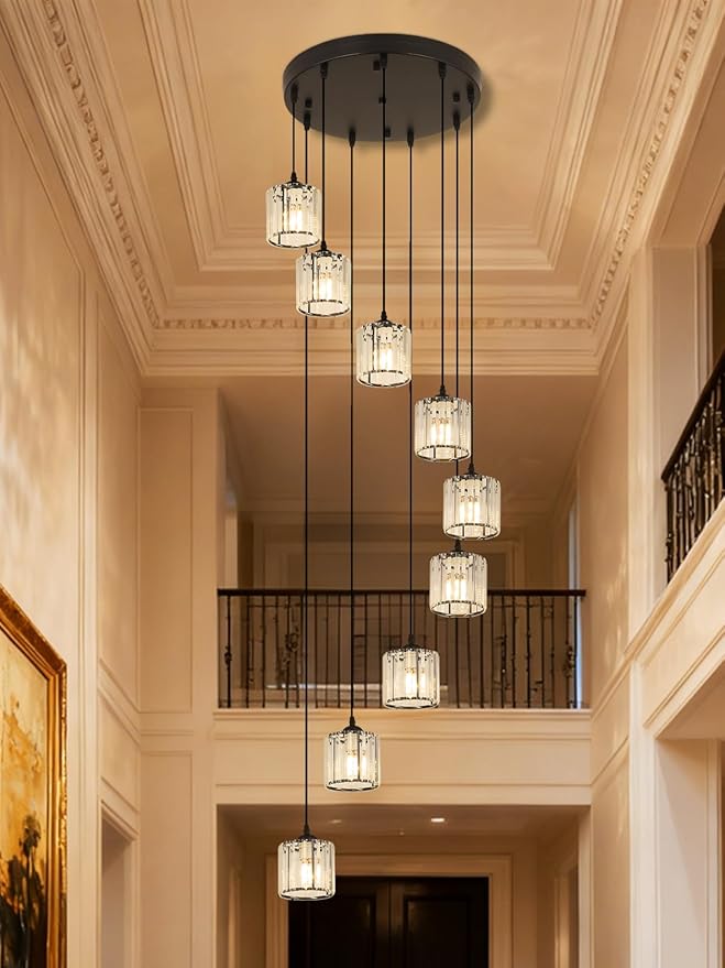 Long Chandeliers for High Ceilings,Modern Crystal Pendant Light,Raindrop Drop Lamp,Hanging Flush Mount Lighting Fixtures for Spiral Staircase,Foyer,Entryway,Living Room,Black (9 Lights)