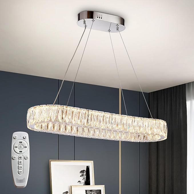 Depuley Crystal Chandeliers for Dining Room: 35.4 Inch Modern Linear Chandelier Contemporary Rectangle Pendant Light Fixture for Kitchen Island Bar Over Table with Remote Control