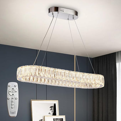 Depuley Crystal Chandeliers for Dining Room: 35.4 Inch Modern Linear Chandelier Contemporary Rectangle Pendant Light Fixture for Kitchen Island Bar Over Table with Remote Control