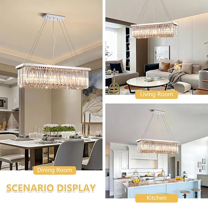 Modern Silver Rectangular Crystal Chandelier, Dining Room Chandeliers Over Table, Luxury Chrome Pendant Ceiling Light Fixtures for Kitchen Island, Living Room, Bar of CRYSTOP