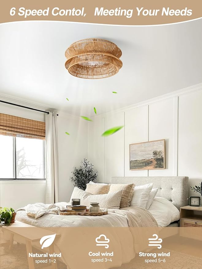 Boho Ceiling Fan with Light, 20'' Coastal Caged Ceiling Fans with Lights and Remote Control, Rattan Flush Mount Fandelier with Reversible 6 Speeds, Low Profile for Bedroom Living Room Dining Room