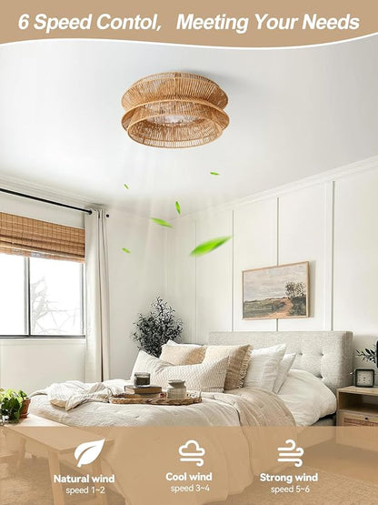 Boho Ceiling Fan with Light, 20'' Coastal Caged Ceiling Fans with Lights and Remote Control, Rattan Flush Mount Fandelier with Reversible 6 Speeds, Low Profile for Bedroom Living Room Dining Room
