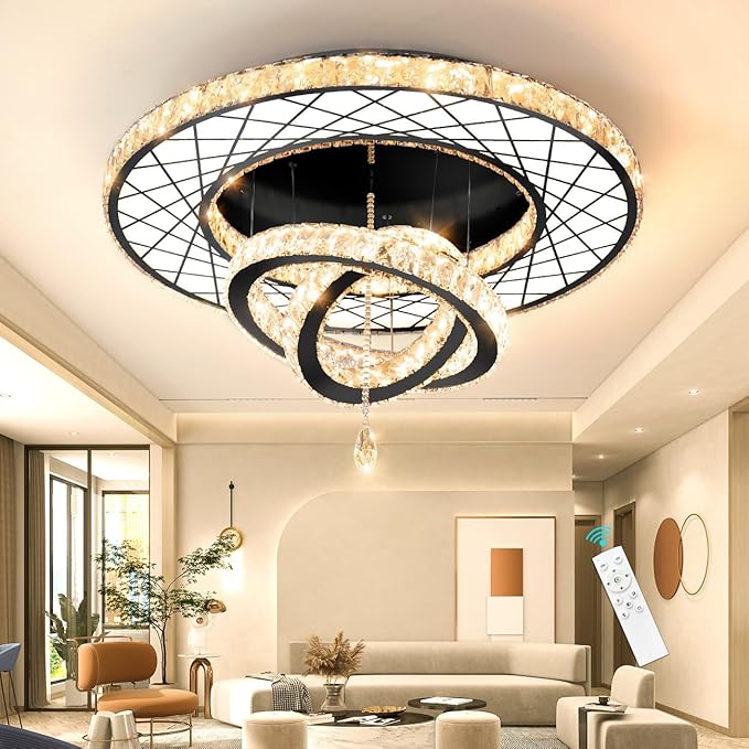 HAIXIANG Crystal Glam Chandelier LED Ceiling Light Dining Bedroom Interior Lighting Fixtures Remote Dimmable Ceiling Chandeliers 24 Inches Black Light