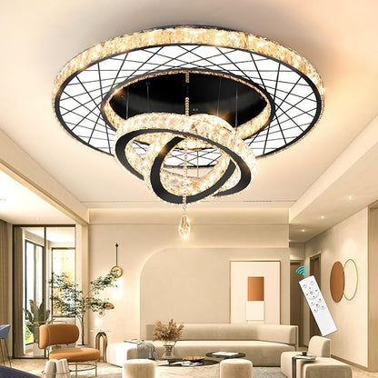 HAIXIANG Crystal Glam Chandelier LED Ceiling Light Dining Bedroom Interior Lighting Fixtures Remote Dimmable Ceiling Chandeliers 24 Inches Black Light