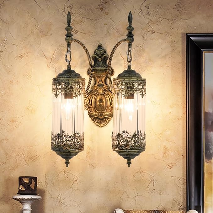 Rustic Glass Wall Sconce Vintage Antique Gothic Wall Light Fixture Retro Farmhouse Mid Centry Lantern Wall Sconce for Bedroom, Living Room, Mirror, Brush Gold