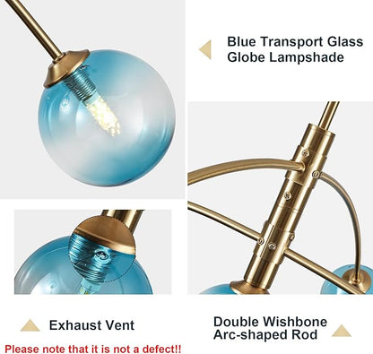 Gold Modern Chandelier 5 Light Blue Glass Sputnik Chandelier Mid Century Globe Hanging Light for Dining Room Kitchen Island Bedroom Living Room 41.3IN Diameter