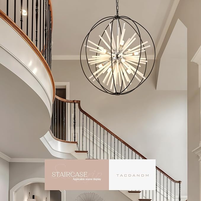 31.5" Black Chrome Large Globe Sputnik Chandelier, 12-Light Mid Century Modern Glass Tube Satellite Light Fixture for High Ceiling Living Room Dining Room Entryway Stairway, E12